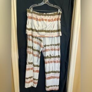 Tan and Green Boot Cut Flare Pants with Elastic Waistband